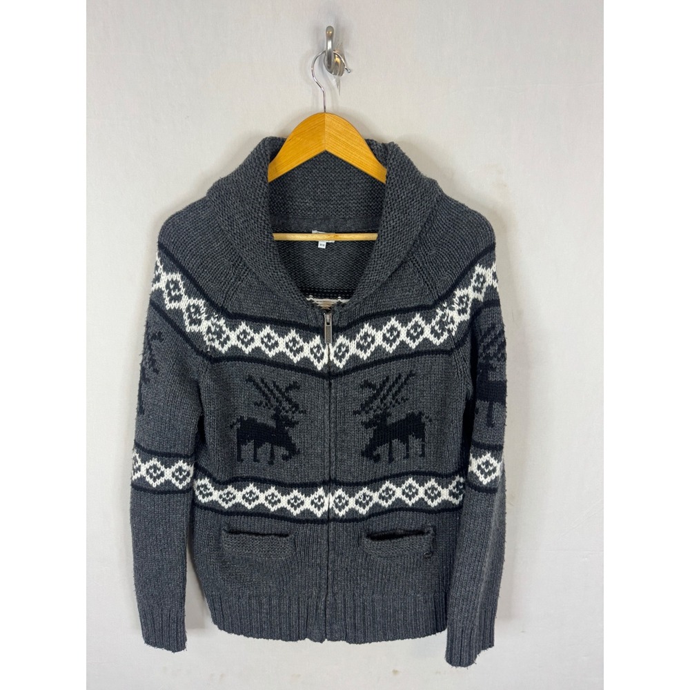 Kismet Gray Fair Isle Reindeer Zip Up Shawl Collar Cardigan Sweater Wool Blend M